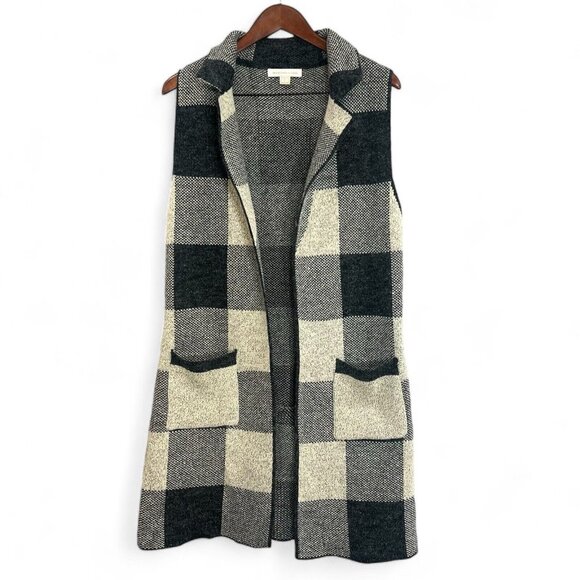 Monteau Knitted Vest Women Size M Black Plaid Mid Length Pockets Collared - Picture 1 of 11